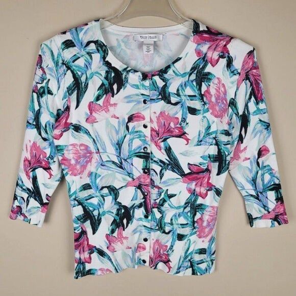 White House Black Market Size XS Floral Snap Button Cardigan White Pink Green - Picture 1 of 9